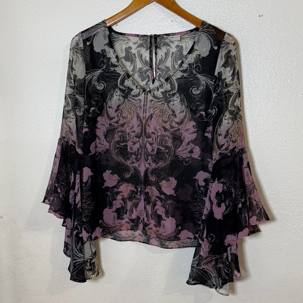 Boston Proper Women Blouse 2 Black Plum‎ Damask Bell Sleeve Whimsigoth Romantic - Picture 2 of 11